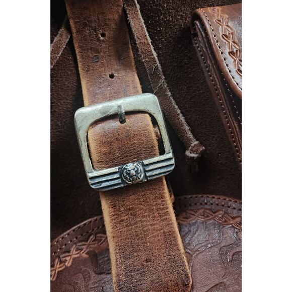 1990's Vintage Mexican Tooled Leather Suede Backpack Folk Artisan Embossed Bag - Picture 3 of 12